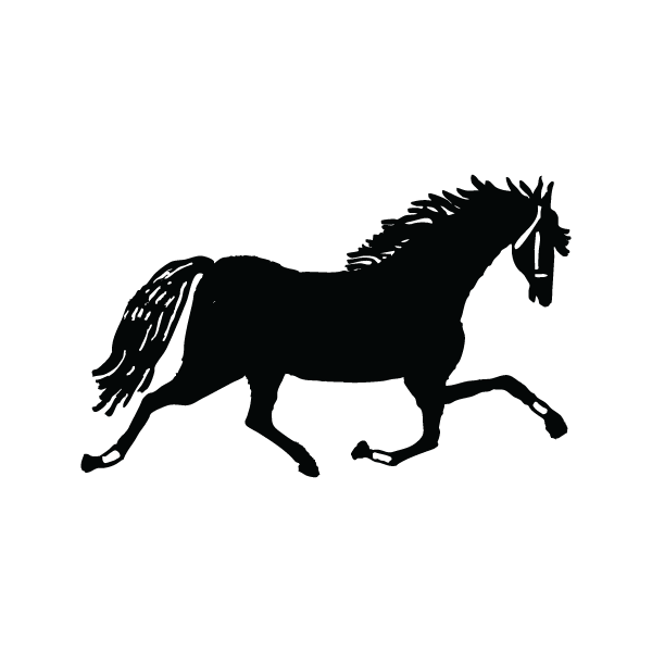 Black silhouette of a horse running on a white background