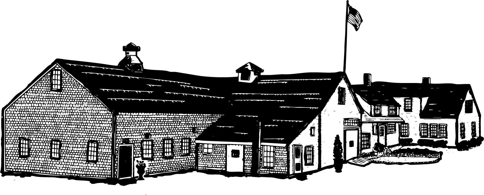 Black and white illustration of a two-story building with a flag on top